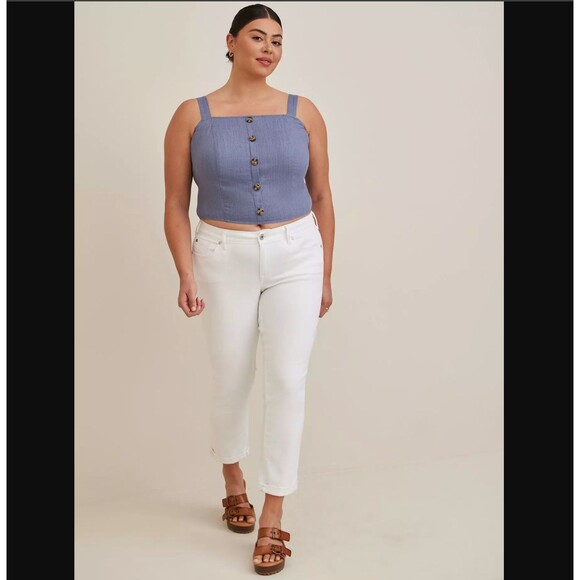 Torrid Crop Top 3X 22 24 Blue Chambray Woven Cami Tank Button Front Square Neck - Picture 2 of 6